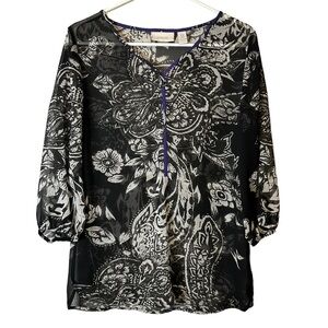 Chico’s Black White‎ Sheer Blouse Purple Trim Vanity Size 0/Small 4501175686